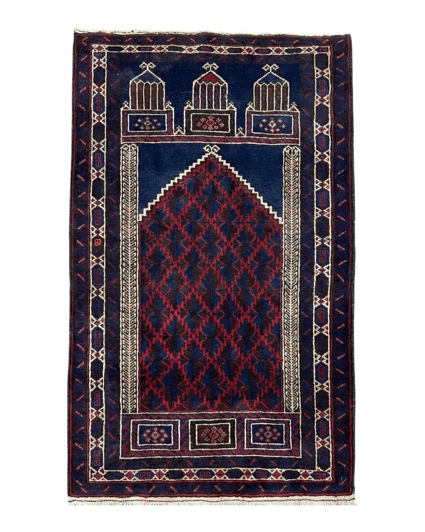 3x5 Vintage Handmade Tribal Wool Rug Balouchi Prayer Rug Afghan Rug Red Blue Wow - Jewel Rugs