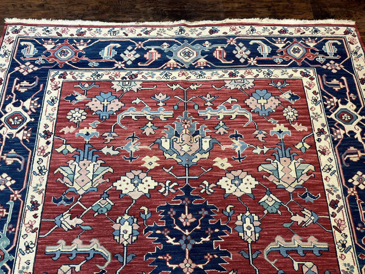 Turkish Flatweave Rug 6x9, Heriz Design, Red and Blue - Jewel Rugs, view 4