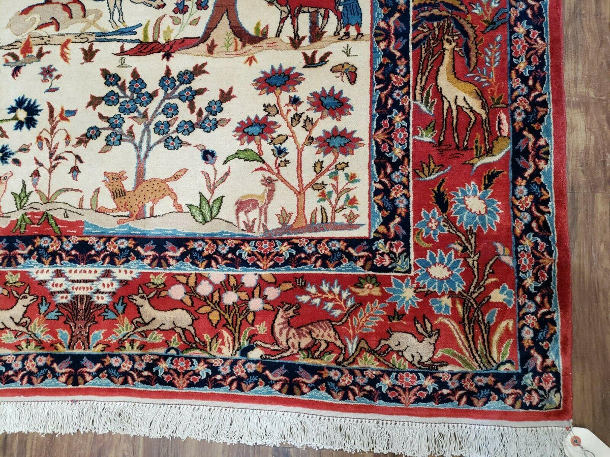 Antique Persian Isfahan Rug 5x7, Animal and Human Pictorials, Hand Knotted Fine Oriental Wool Carpet, Cream and Red, High KPSI, Vintage Rug 5 x 7 ft - Jewel Rugs, view 9