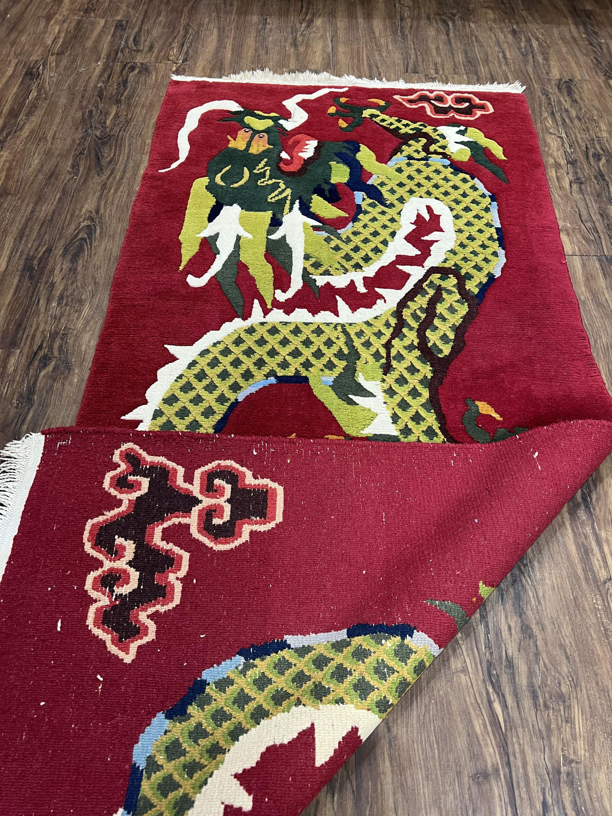 Vintage Chinese Dragon Rug 3 x 6.8, Handmade Hand Knotted Red Chinese Carpet with Gold Dragon, Art Deco Peking Soft Chinese Rug Runner - Jewel Rugs, view 11