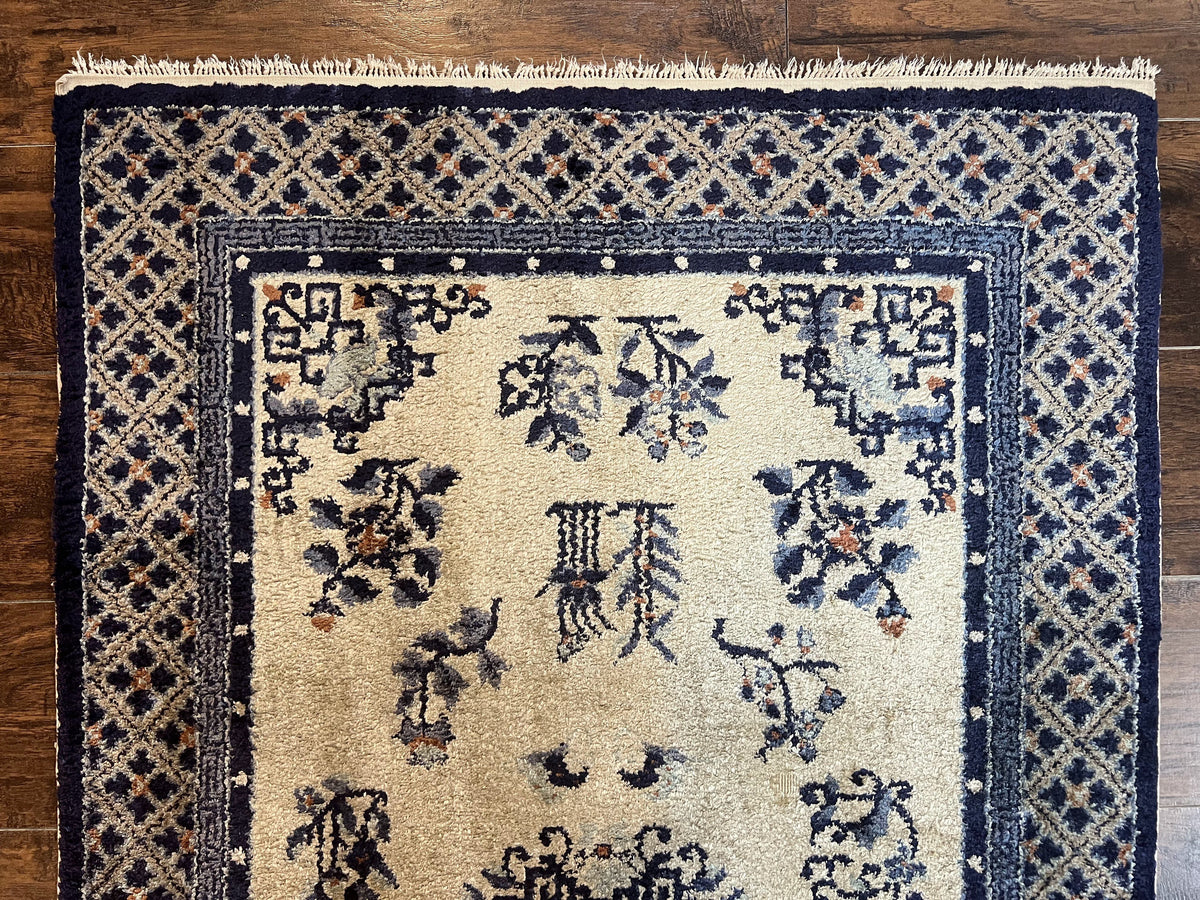 Silk Chinese Rug 3x5, Vintage Handmade Peking Carpet, Asian Oriental Art Deco Rug - Jewel Rugs, view 3