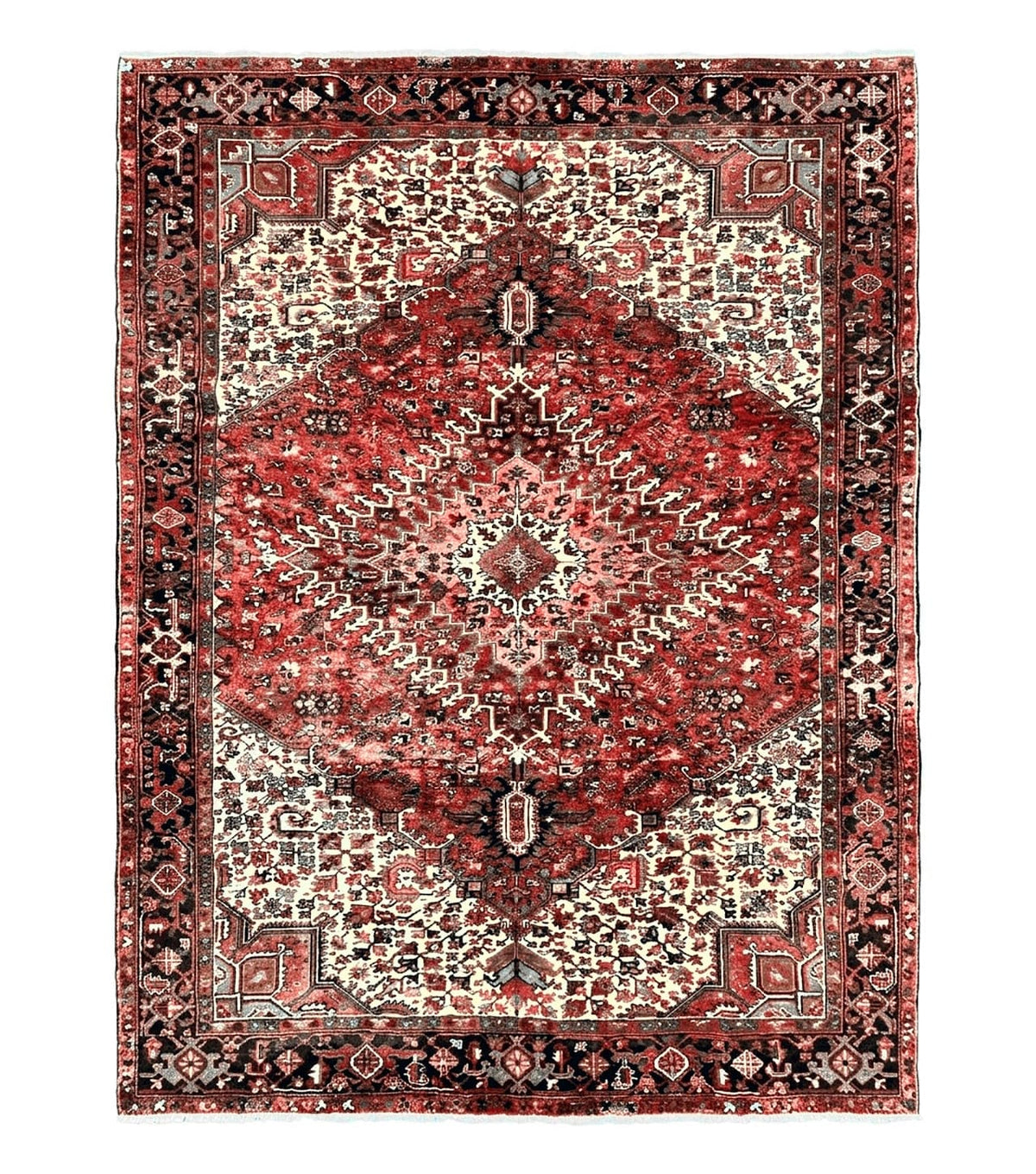 Large Persian Heriz Rug 10x13, Red and Cream Geometric Tribal Room Sized Handmade Wool Hand Knotted Semi Antique Decorative Oriental Carpet - Jewel Rugs