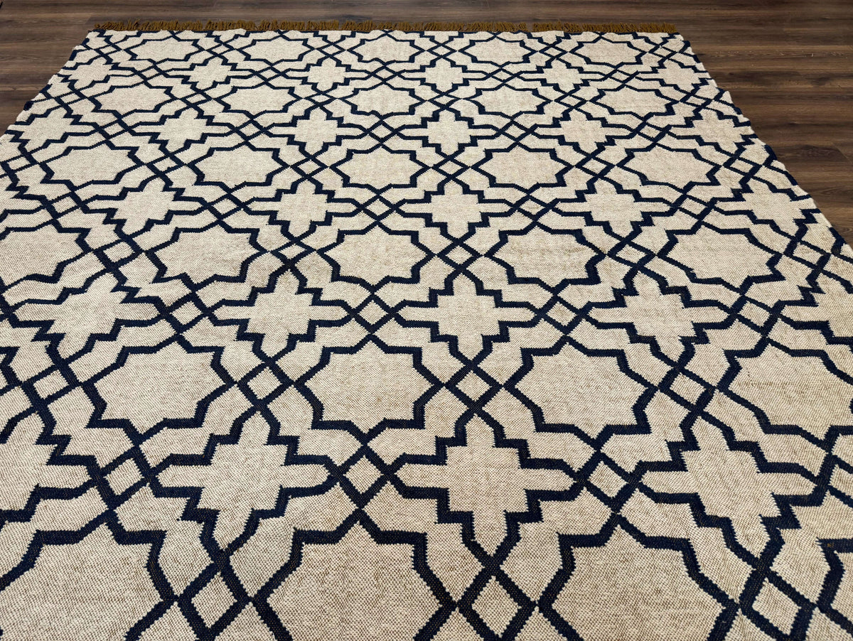 Indian Kilim Rug 8x10, Oat and Navy Blue, Dhurrie Carpet, Handmade, Wool - Jewel Rugs, view 11