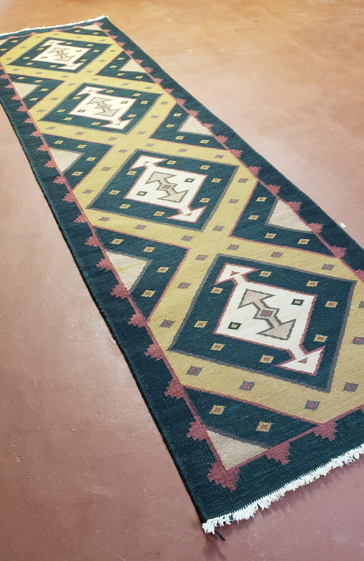 Vintage Indian Kilim Runner Rug, Geometric Flatweave Hand-Knotted Wool Kitchen Hallway Runner, Black Gold & Beige, 2' 8" x 9' 9" - Jewel Rugs, view 2
