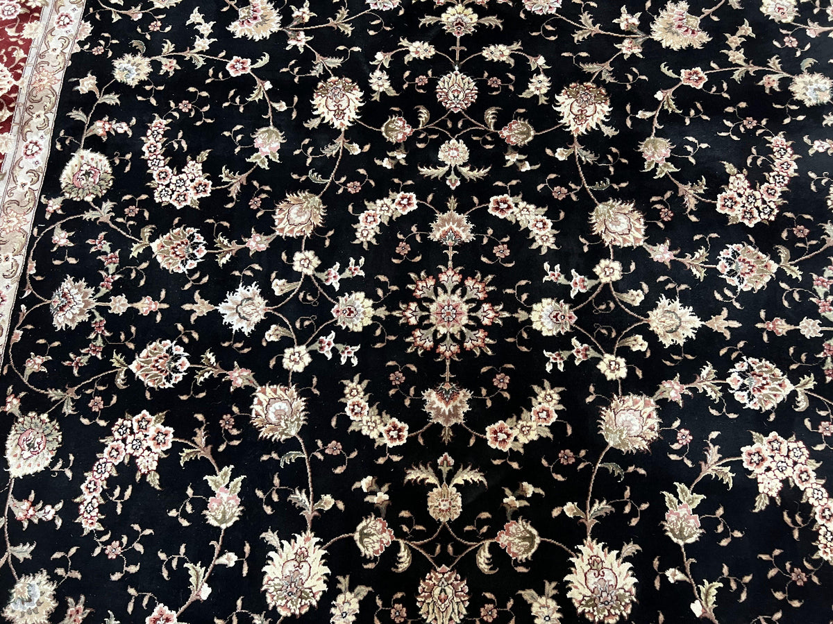 Sino Persian Rug 9x12, High Quality Oriental Carpet, Black and Maroon, Wool and Silk, Allover Floral Pattern, Hand Knotted, Vintage Rug Nice - Jewel Rugs, view 4