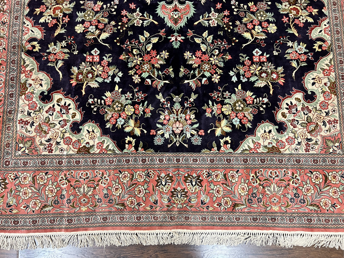 Stunning Silk Persian Qum Rug 7x9, Finely Hand Knotted Navy Blue & Salmon Floral Medallion Authentic Oriental Carpet, Vintage Handmade Silk Ghom Rug, Silk on Silk - Jewel Rugs, view 5