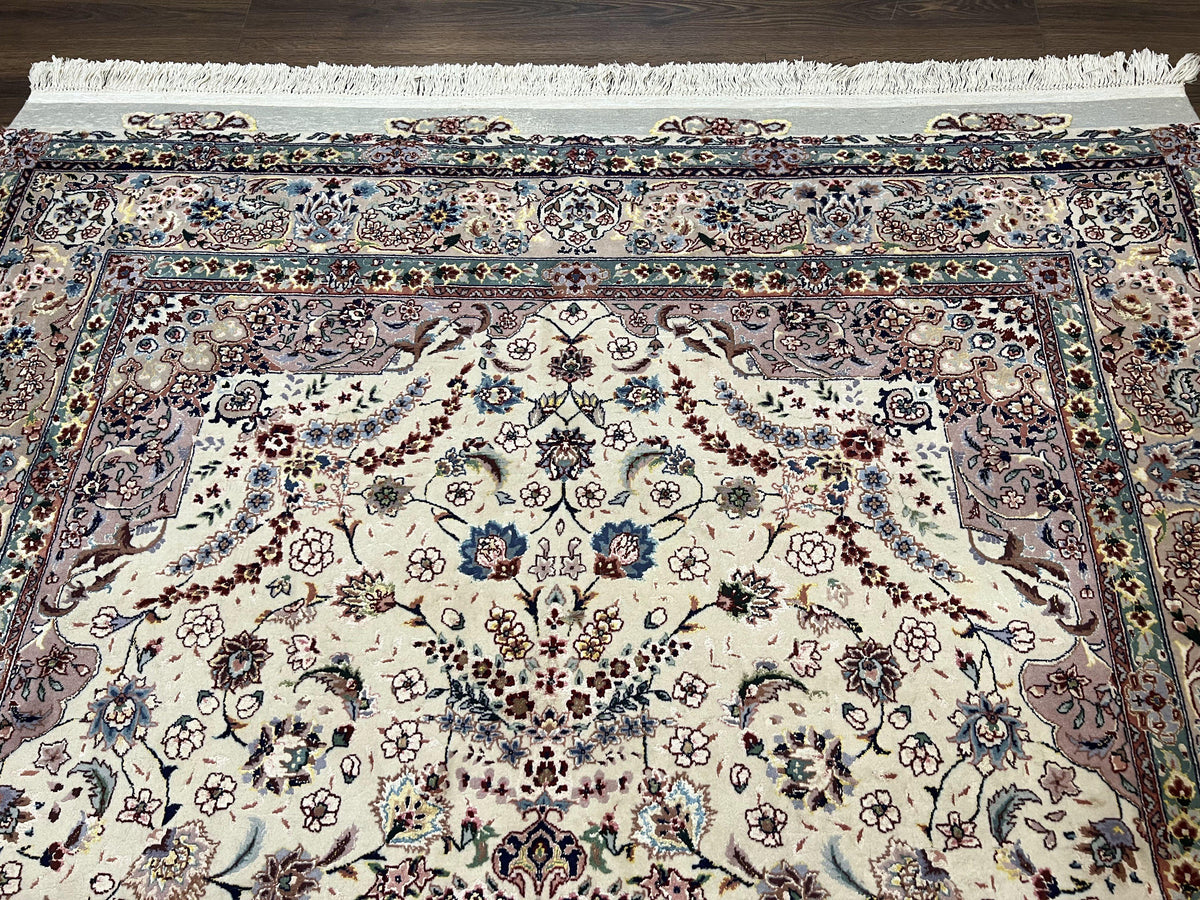 Beautiful Pak Persian Rug 6x9, Floral Medallion, Wool and Silk, Highly Detailed Elegant Carpet, Vintage Oriental Rug 6 x 9, Cream and Gray - Jewel Rugs, view 11