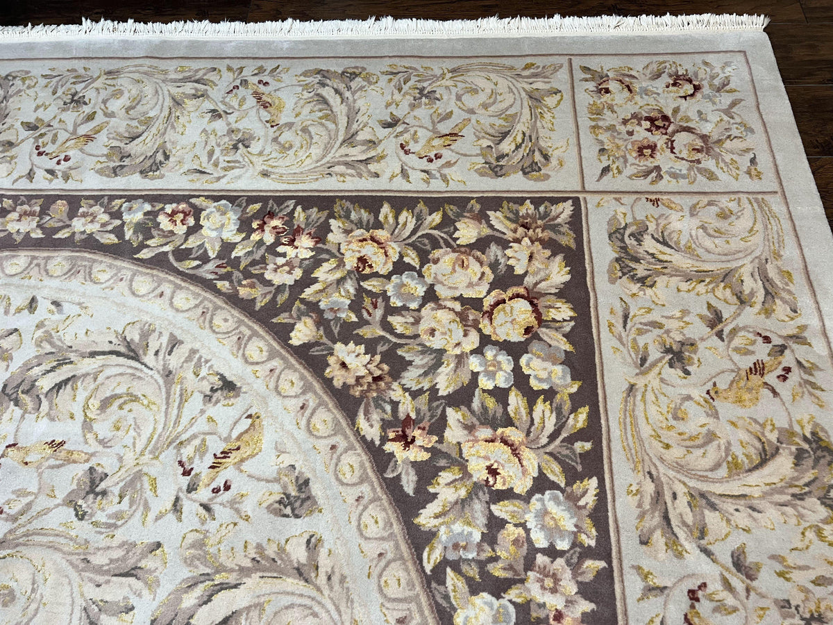 Aubusson Rug 10x14, Wool & Silk Highlights Hand Knotted Vintage Carpet, Birds Flowers, Fine Details, Elegant - Jewel Rugs, view 8