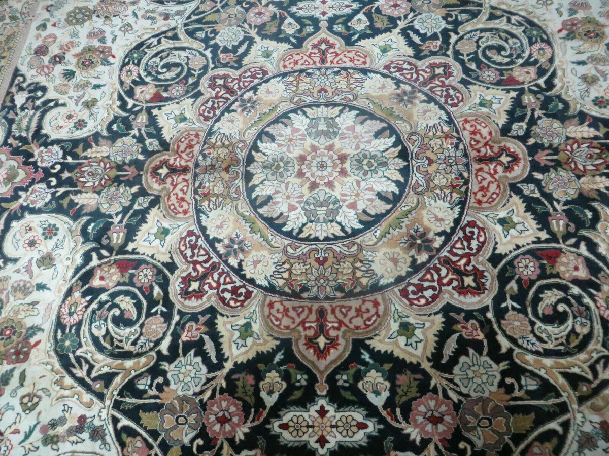Beautiful Sino Persian Rug 9x12, Elegant High Quality Handmade Wool Oriental Carpet, Medallion with Corner Design, Floral, Black and Ivory - Jewel Rugs, view 4