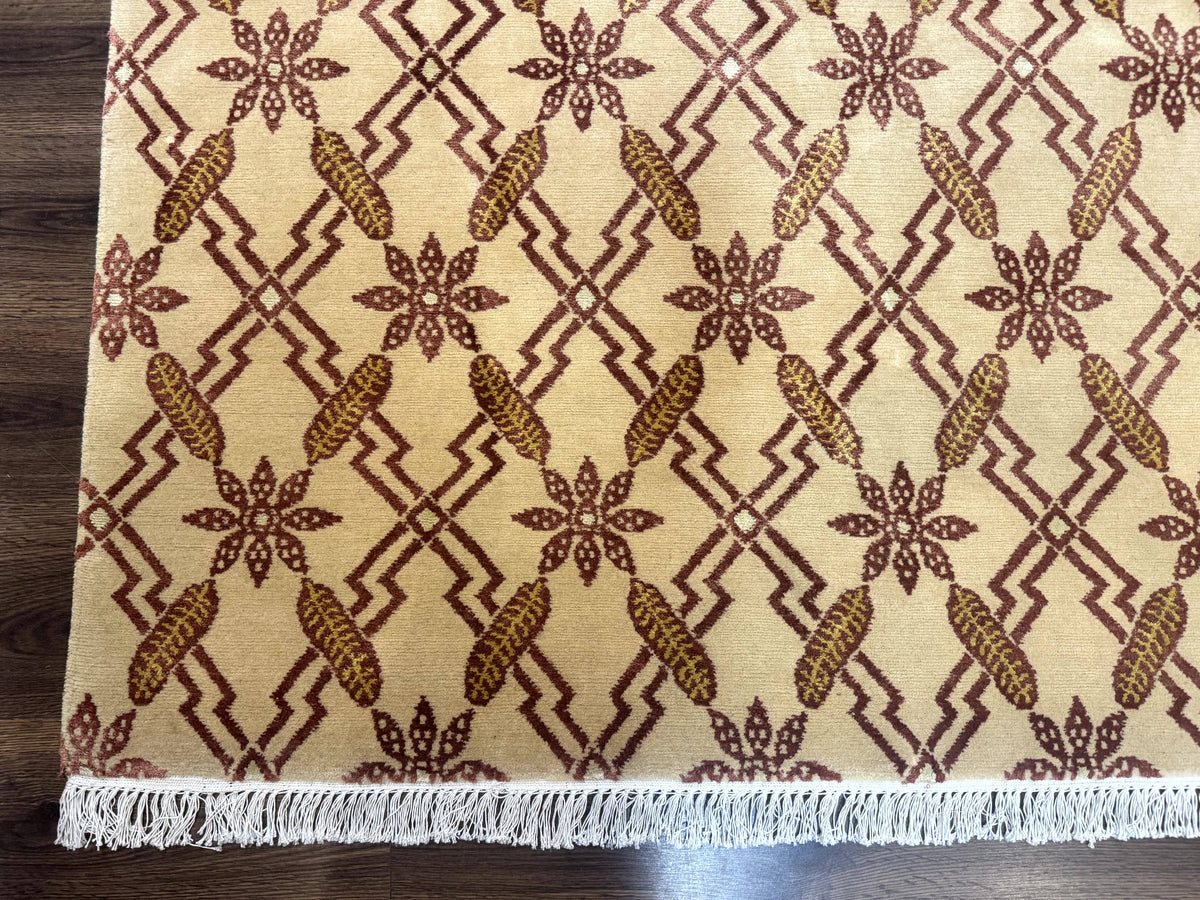 Tibetan Rug 8x10, Wool with Silk Highlights, Beige and Maroon, Contemporary Carpet - Jewel Rugs, view 9
