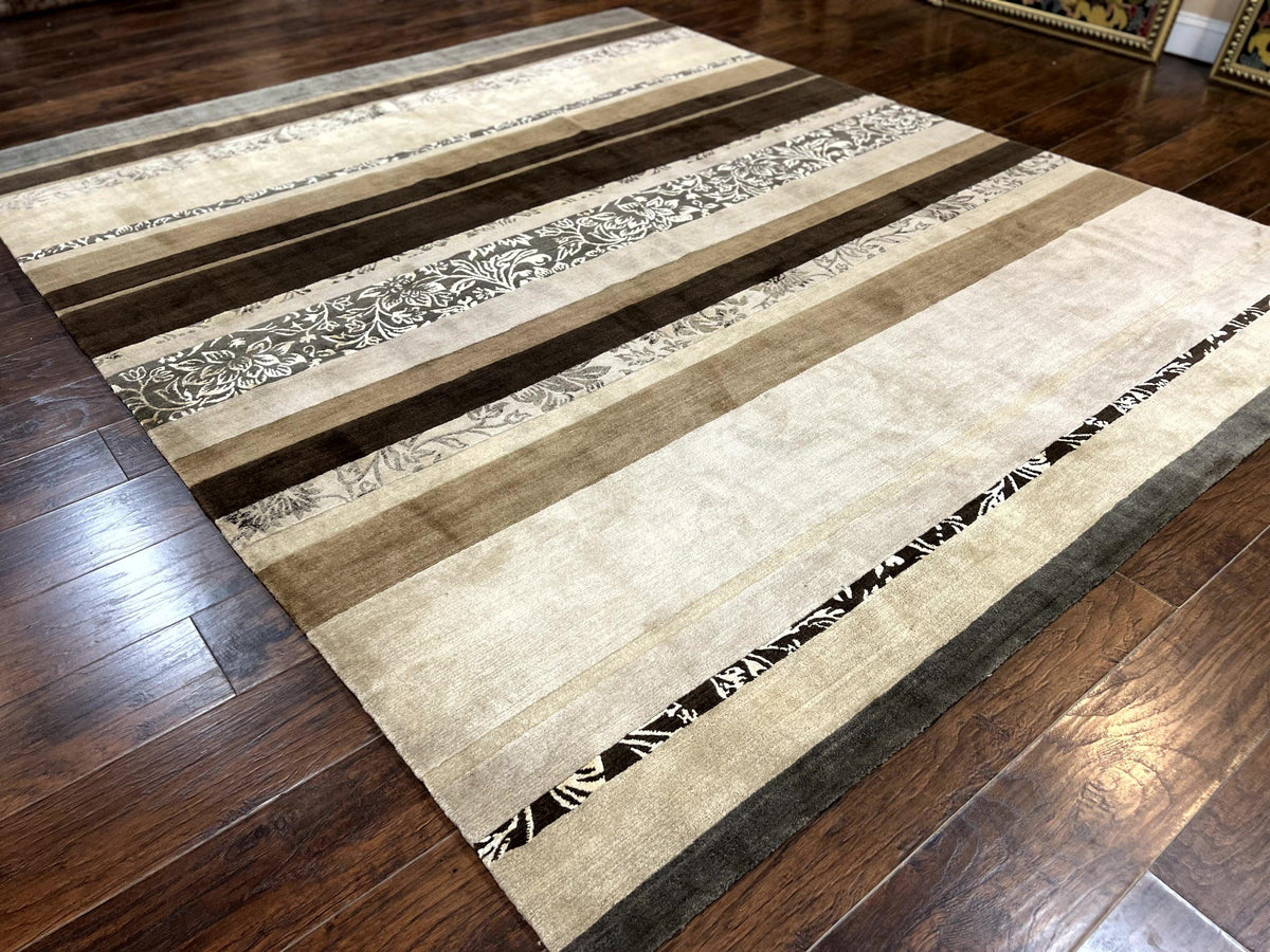 Modern Tibetan Nepali Rug 8x12, Stripe Pattern, Wool with Silk Highlights, Handmade, Beige Tan Brown - Jewel Rugs, view 13