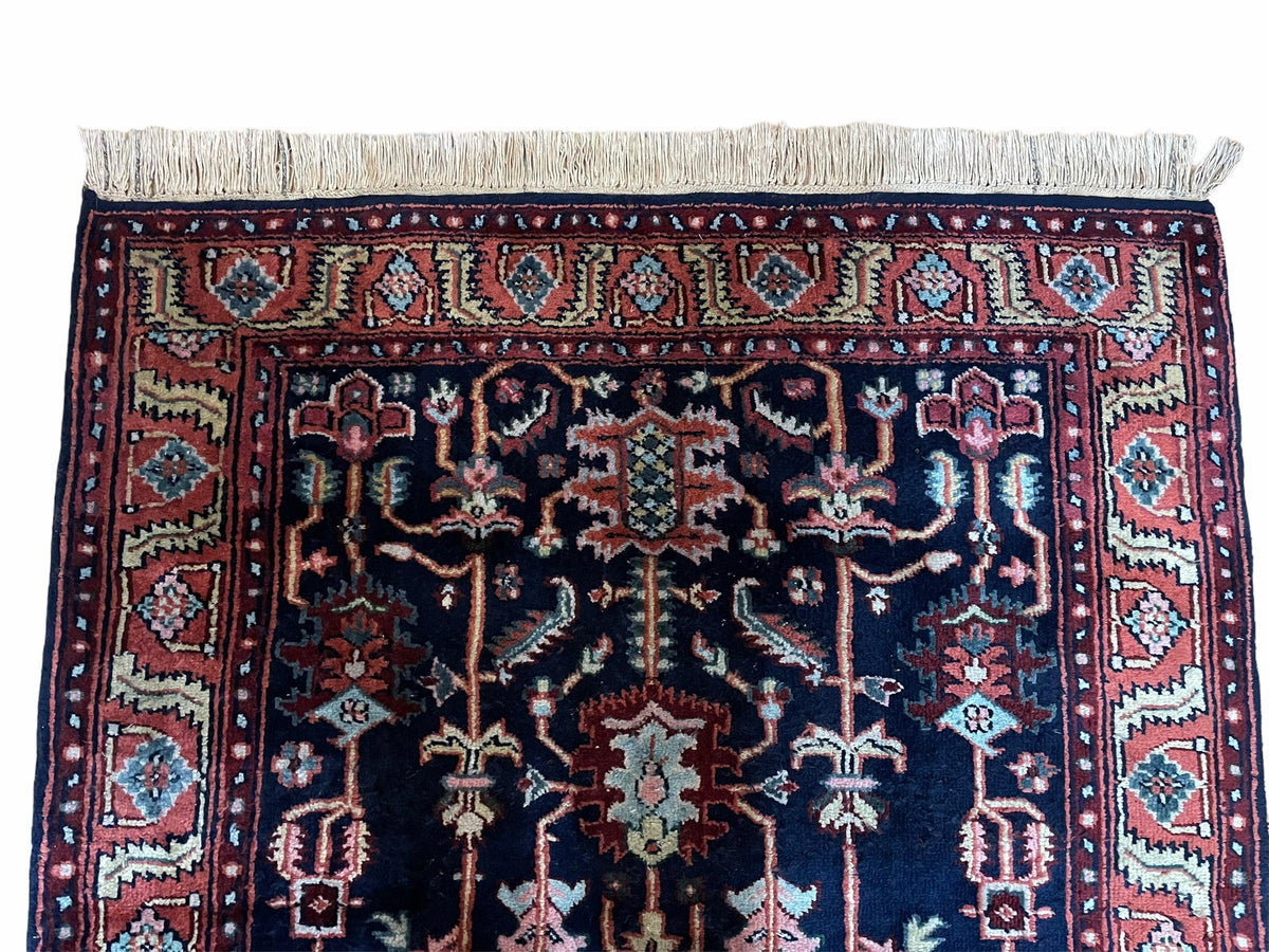 4x6 Vintage Handmade Wool Geometric Rug Organic Dyes Blue Red Hand-Knotted Rug - Jewel Rugs, view 4