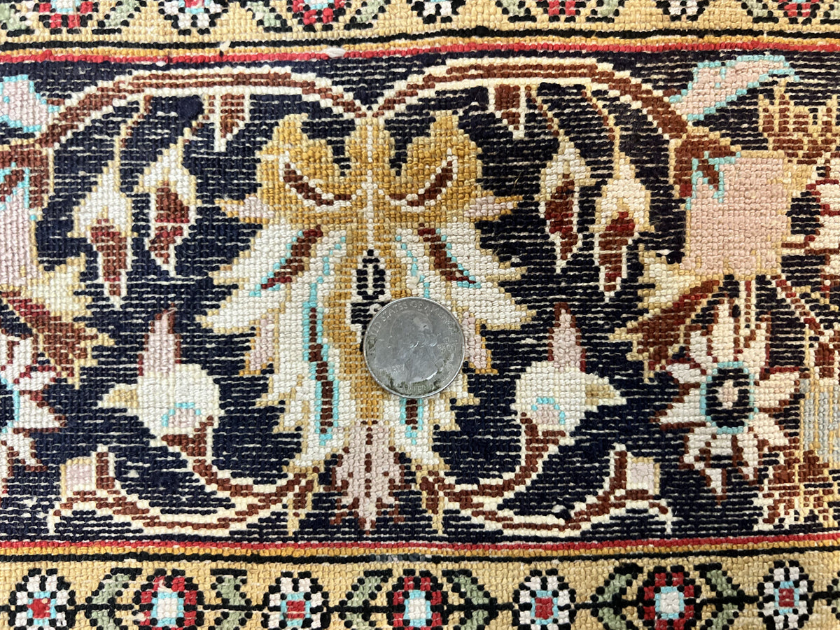 Silk Persian Qum Rug 4x5, Hand Knotted Vintage Carpet, Cream & Navy Blue, Silk Pile on Silk Foundation, Very Fine 360 KPSI - Jewel Rugs, view 10
