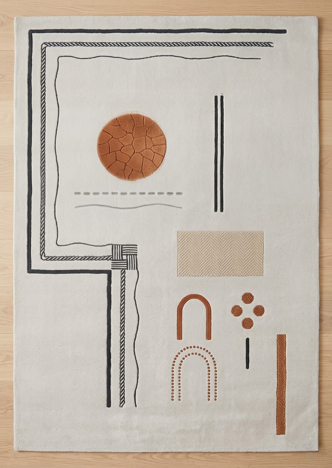 Modern Abstract Hand Tufted Wool Rug | Minimalist Geometric Ivory & Terracotta Contemporary Area Rug — 2x3 ft'