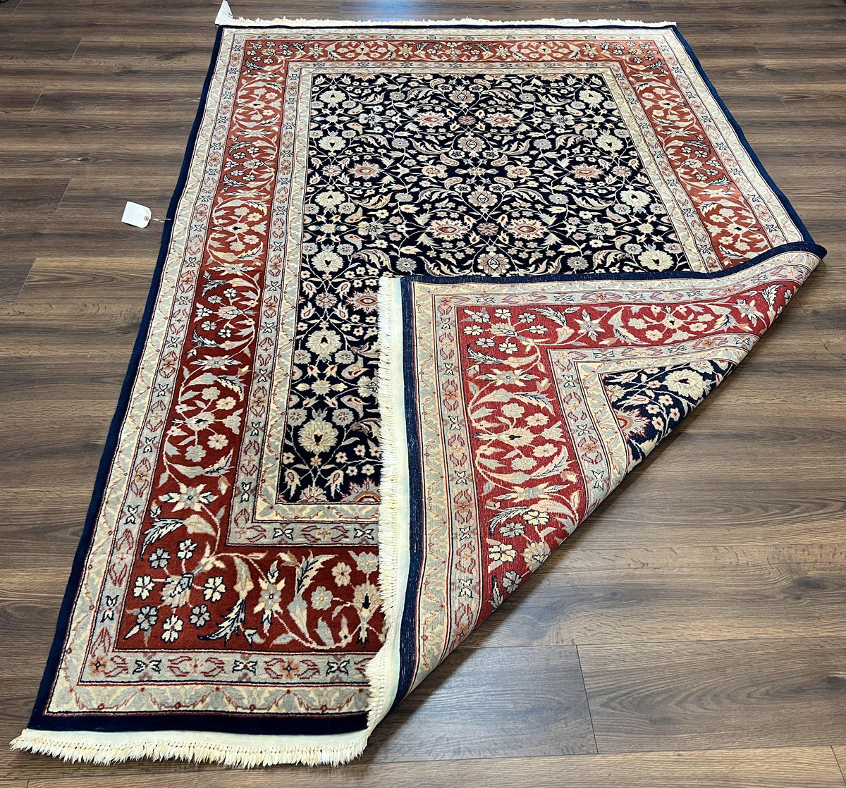 Indo Sarouk Rug 6x9, Vintage Indian Persian Rug, Wool Oriental Carpet, Navy Blue Red Allover Floral Rug, Traditional Very Fine Rug, Area Rug - Jewel Rugs, view 12