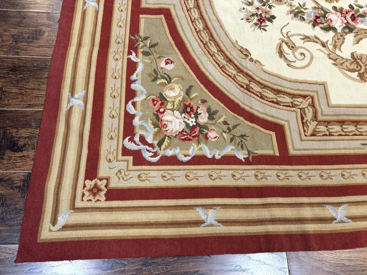 Aubusson Needlepoint Rug 9x11, Handmade Vintage Wool Flatweave Carpet, Elegant European Rug, Floral, Cream - Jewel Rugs, view 9