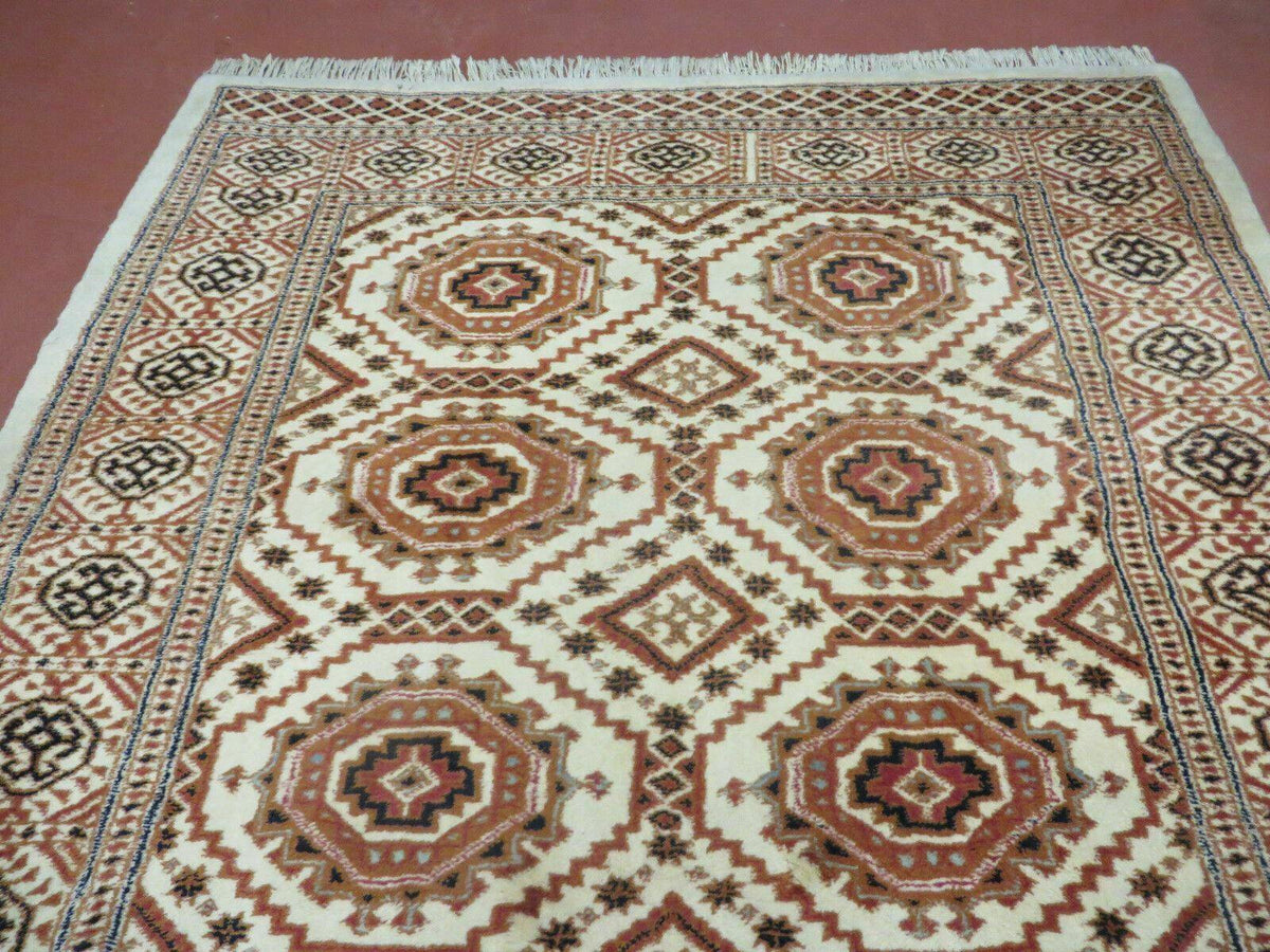 4' X 7' Vintage Handmade Pakistani Turkoman Bokhara Balouch Woven Wool Rug Ivory - Jewel Rugs, view 12