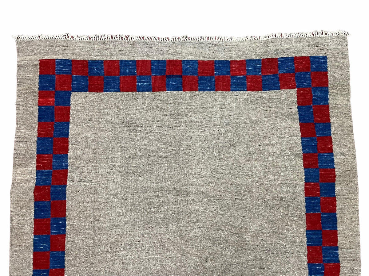 5' 7" x 7' 9" Geometric Kilim Carpet, Gray, Handmade, Hand-Knotted Area Rug, Blue & Red, Flatweave, Wool, New, Checkerboard Pattern - Jewel Rugs, view 4