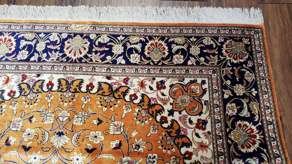 Vintage Persian Qum Silk Rug 4.6 x 6.7, Burnt Orange and Navy Blue, Antique Oriental Very Fine Signature Master Weaver 350+ KPSI Ghom Qom 5x7 Rug - Jewel Rugs, view 10