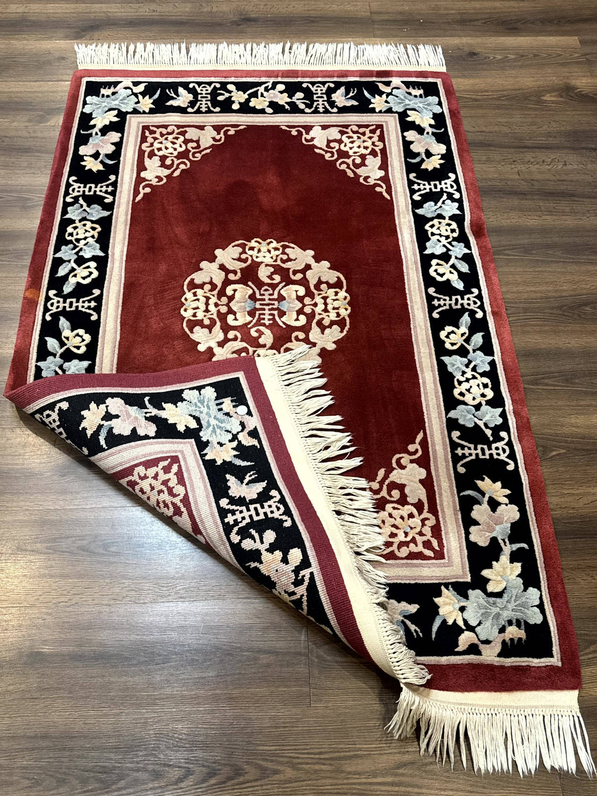 Chinese Wool Rug 4x6, Maroon and Black, Butterflies, Chinese Oriental Carpet, 90 Line Rug - Jewel Rugs, view 11