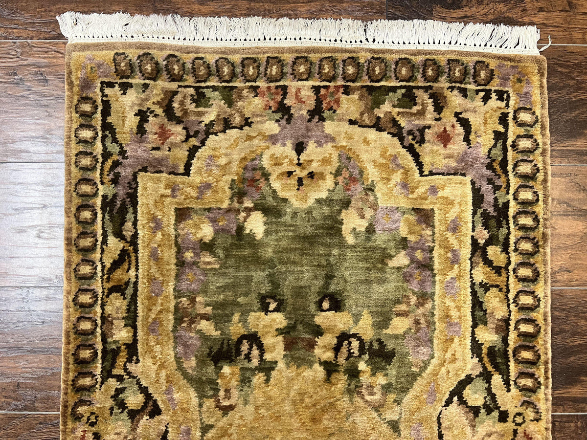 Tibetan Runner Rug 2.6 x 10, French Aubusson Pattern, Gold Olive Green, Vintage Handmade European Design, Wool Hallway Rug - Jewel Rugs, view 3