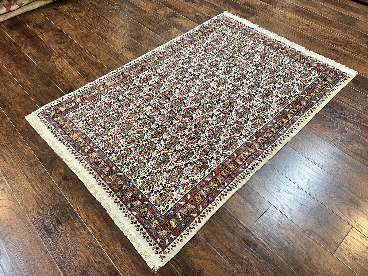 Persian Rug 4x6, Mashad Kashmar Rug, Boteh Paisley Design, Allover Repeated Pattern, Ivory Hand Knotted Vintage Semi Antique Persian Oriental Carpet - Jewel Rugs, view 2