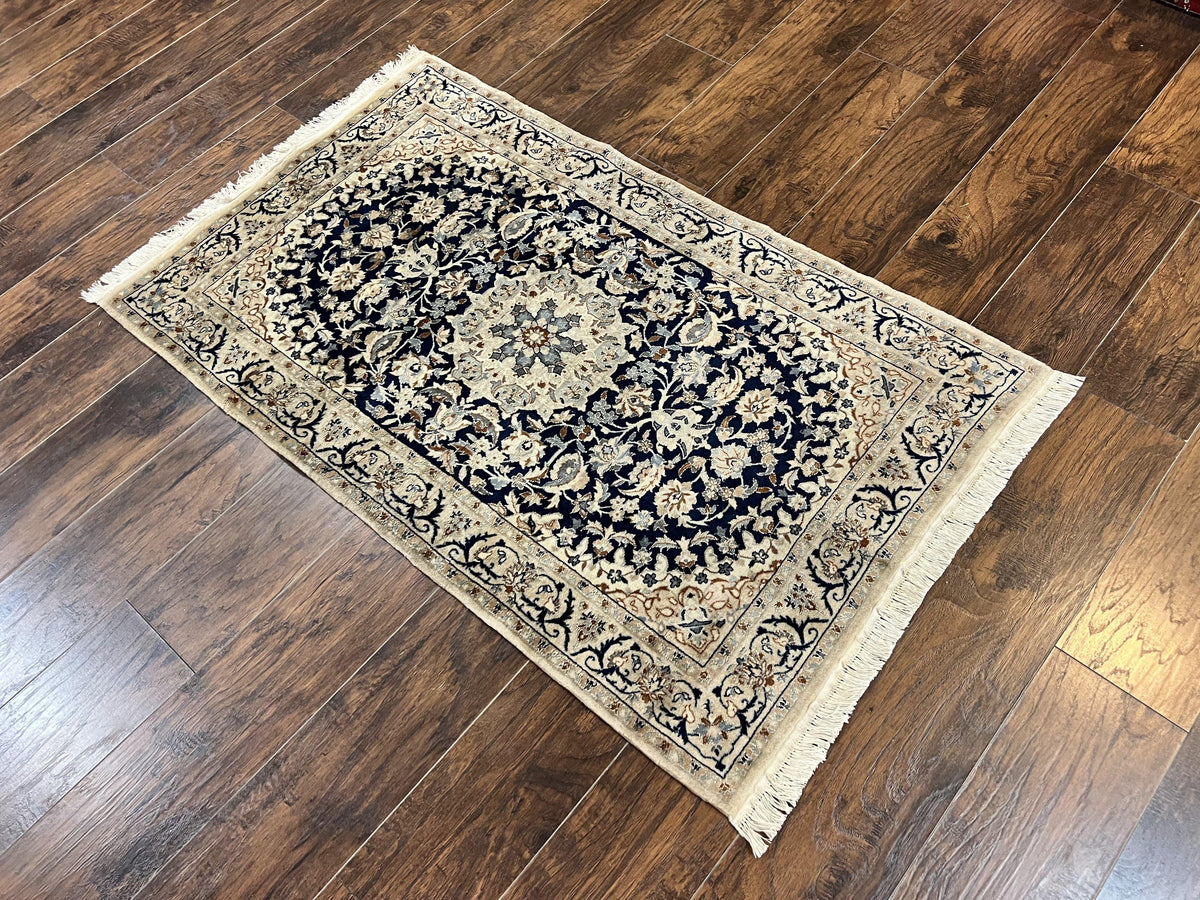 Persian Nain Rug 3x5, Floral Medallion Oriental Carpet, Very Fine Hand Knotted Handmade Wool and Silk Highlights Rug, Vintage Semi Antique - Jewel Rugs, view 13