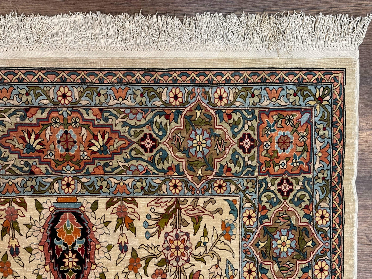 Rare Turkish Hereke Silk Rug 3x5, Tree of Life Persian Vase Design, Very Fine 440 KPSI, Signed - Jewel Rugs, view 7