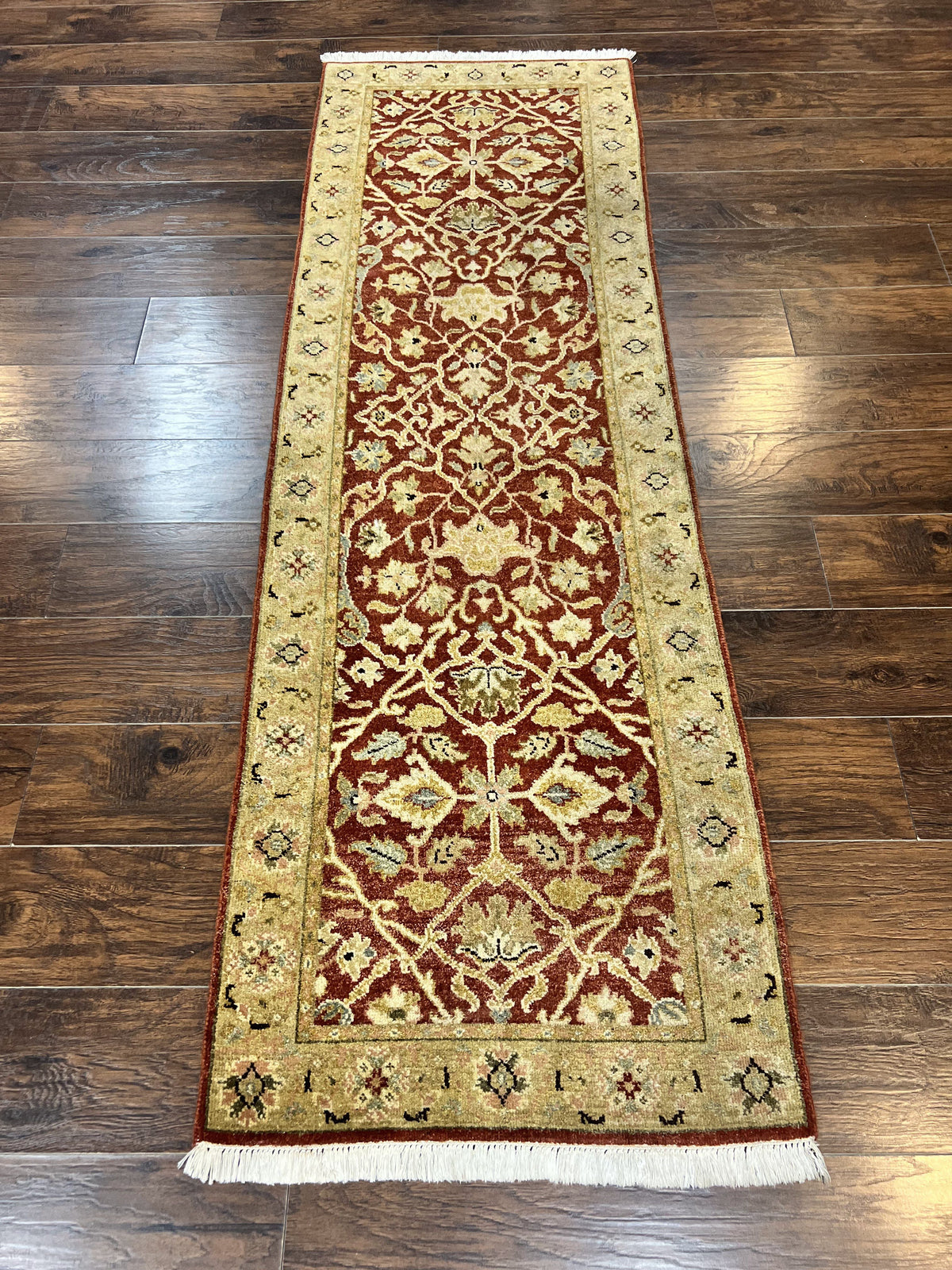 Pakistani Chobi Runner Rug 2.6 x 8, Pak Persian Oriental Rug for Hallway, Maroon Tan-Gold, Handmade Wool 8ft Runner for Hallway, Vintage Rug - Jewel Rugs, view 2