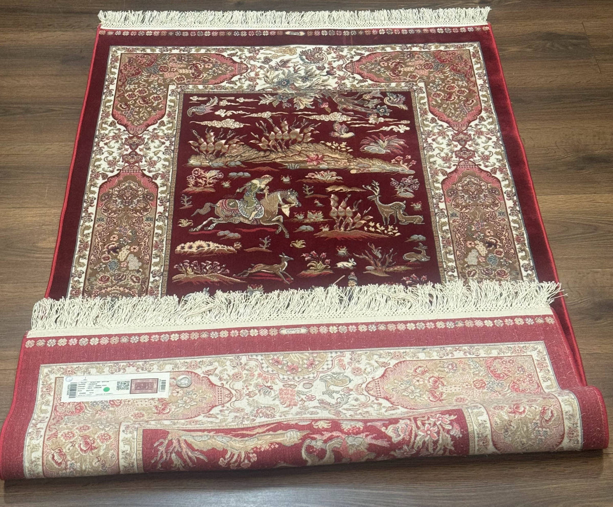Turkish Silk Rug 3x5, Hunting Design, Dark Red & Ivory, Bamboo Silk, New - Jewel Rugs, view 12