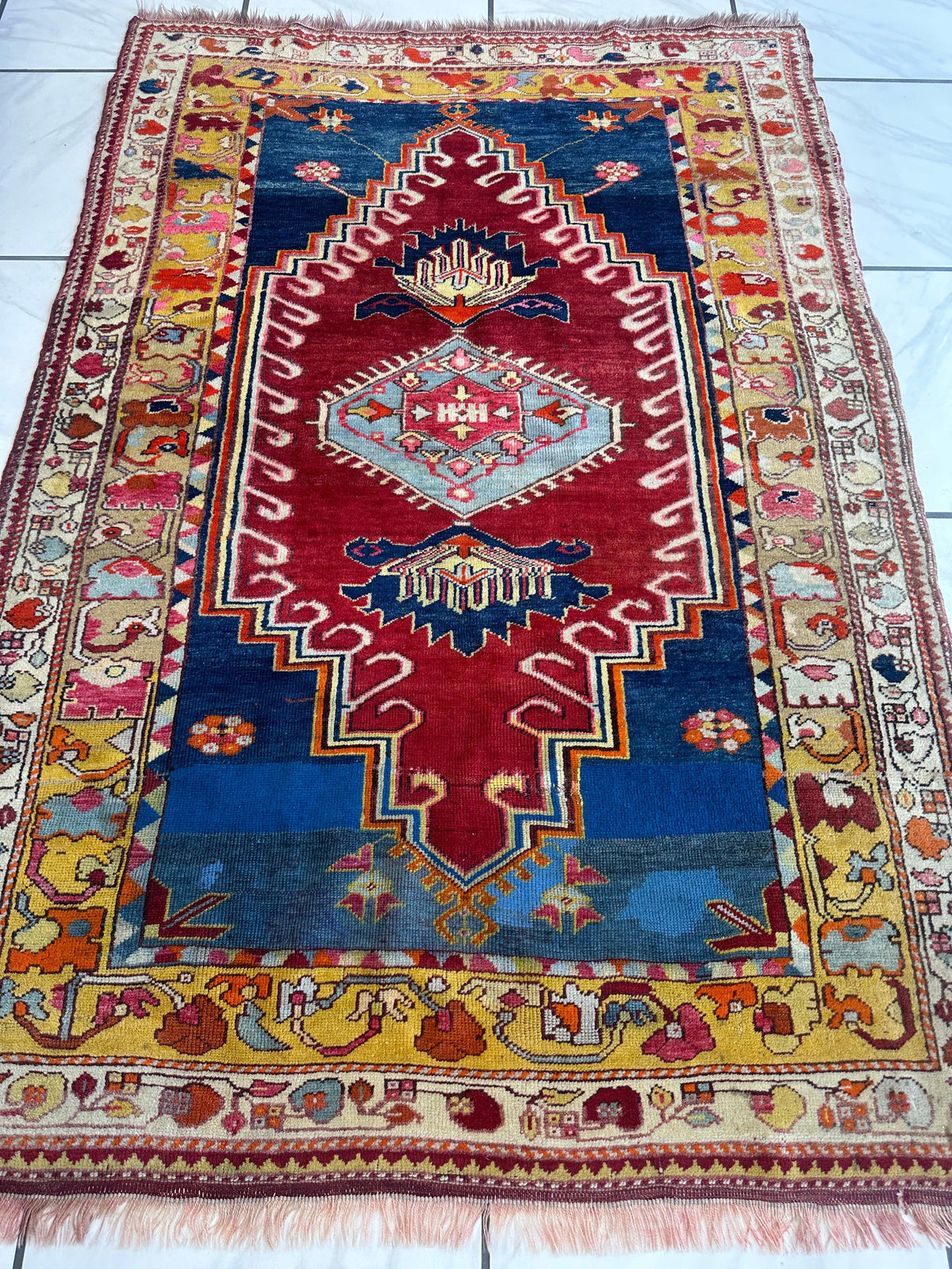 Antique Turkish Rug 4x6 | Red, Blue & Gold | Hand-Knotted Wool - Rugistan, view 3