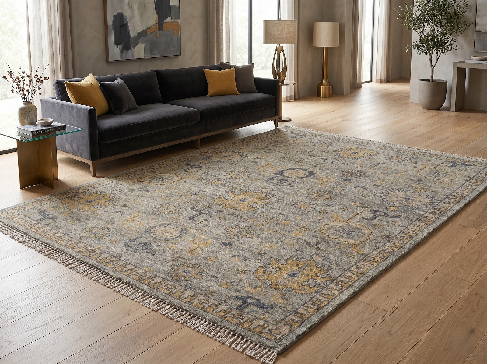 Vintage Oushak Hand Knotted New Zealand Wool Rug | Grey & Gold Traditional Turkish Area Rug — 2x3 ft'