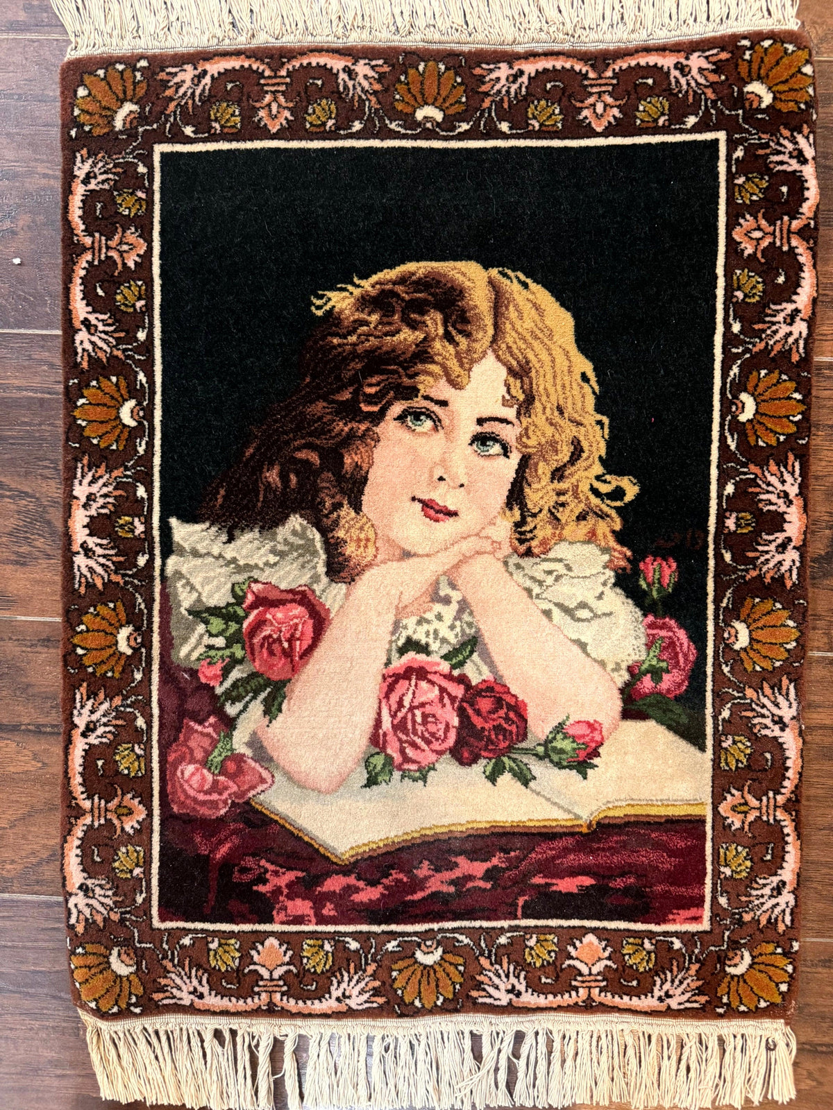 Small Persian Tabriz Pictorial Rug of Young Girl, Very Fine 380 KPSI, Portrait of Young Lady with Roses, Handmade, Persian Rug for Wall Hanging - Jewel Rugs, view 7