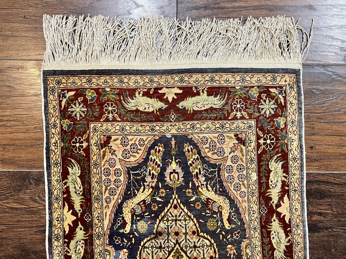 Silk Turkish Hereke Rug 2x3, Peacocks Birds, Signature from Master Weaver, Super Finely Hand Knotted 550 KPSI, Animal Pictorials - Jewel Rugs, view 4