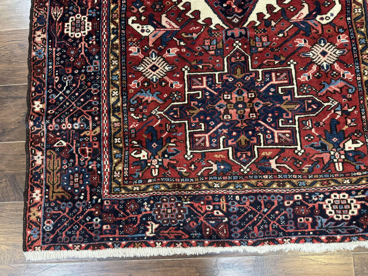 Persian Karajeh Rug 5x6, Antique Heriz Carpet, Geometric, Persian Tribal Rug, Brick Red Navy Blue - Jewel Rugs, view 9