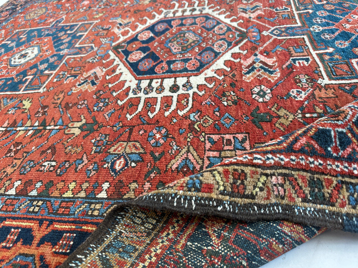 Antique Persian Heriz Rug 5x6 | Rust, Navy & Ivory | Hand-Knotted Wool - Rugistan, view 19