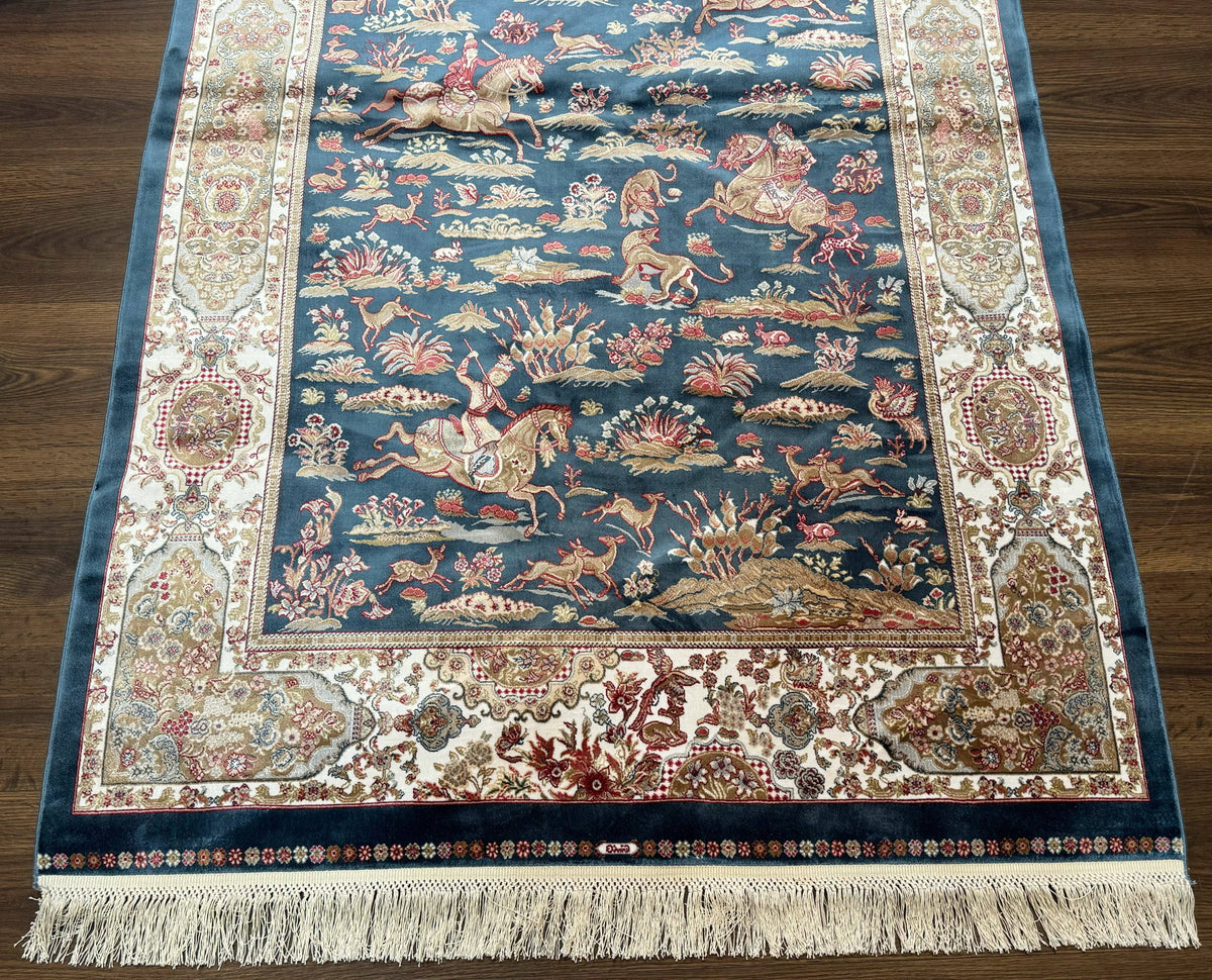 Turkish Silk Hunting Design Rug 4x6, Dark Steel Blue & Ivory, Bamboo Silk, New - Jewel Rugs, view 5