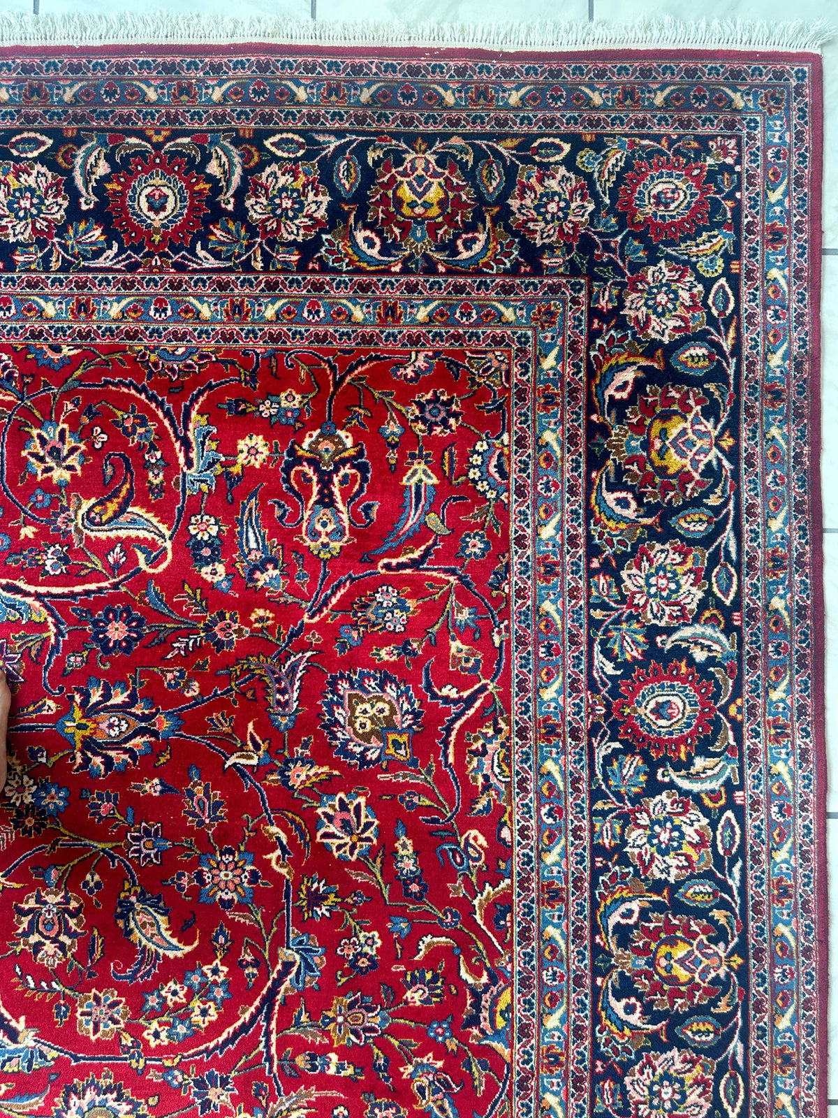 Persian Kashan Rug 10x14 | Red, Navy & Ivory | Hand-Knotted Wool - Rugistan, view 13