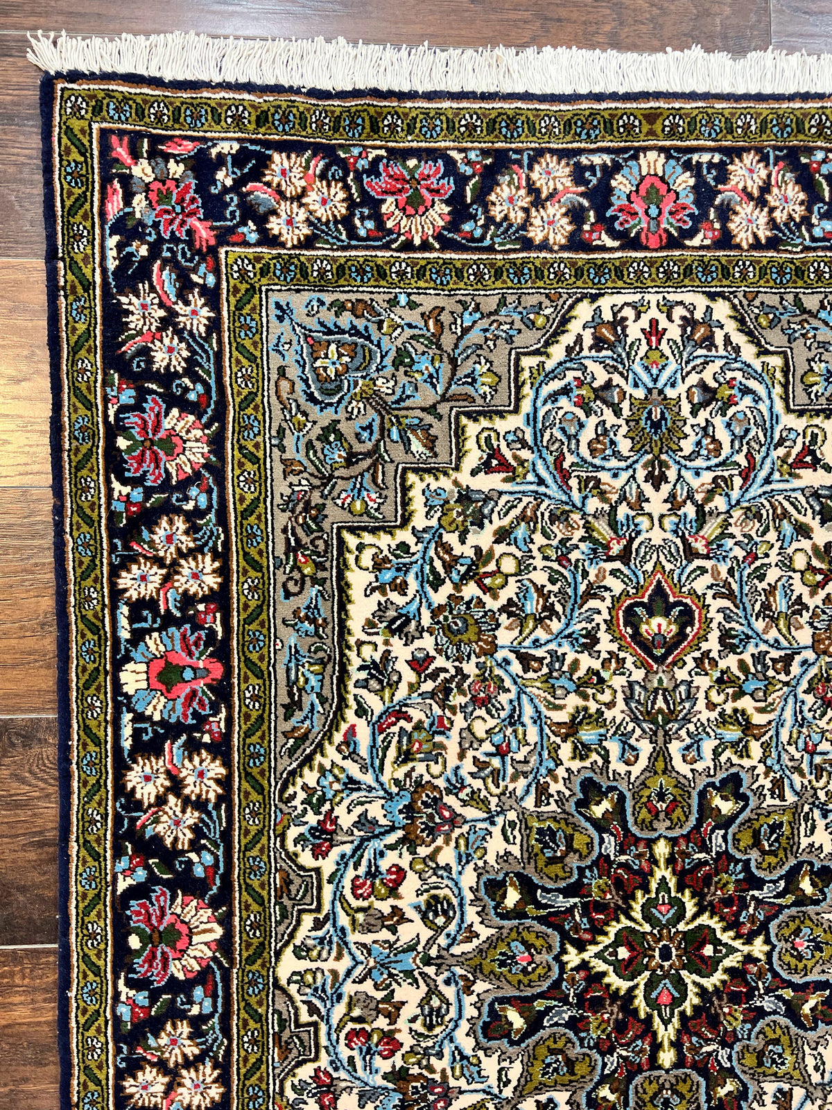 Persian Qum Rug 3x5, Wool with Silk Highlights, Handmade Semi Antique Carpet, Ivory & Navy Blue, Floral Medallion, Finely Hand Knotted - Jewel Rugs, view 6