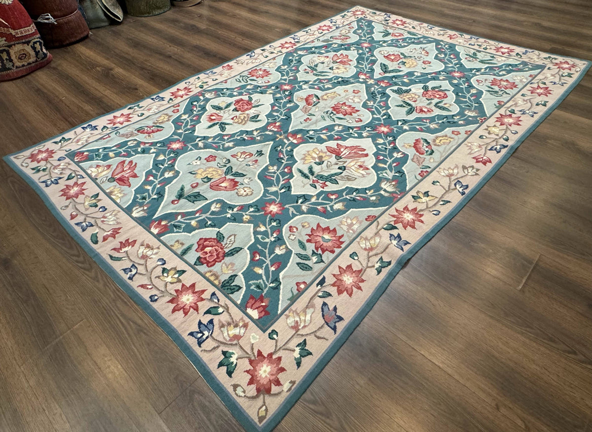 Teal Needlepoint Rug 6x9, Panel Design, Floral Bouquets, Handmade - Jewel Rugs, view 3