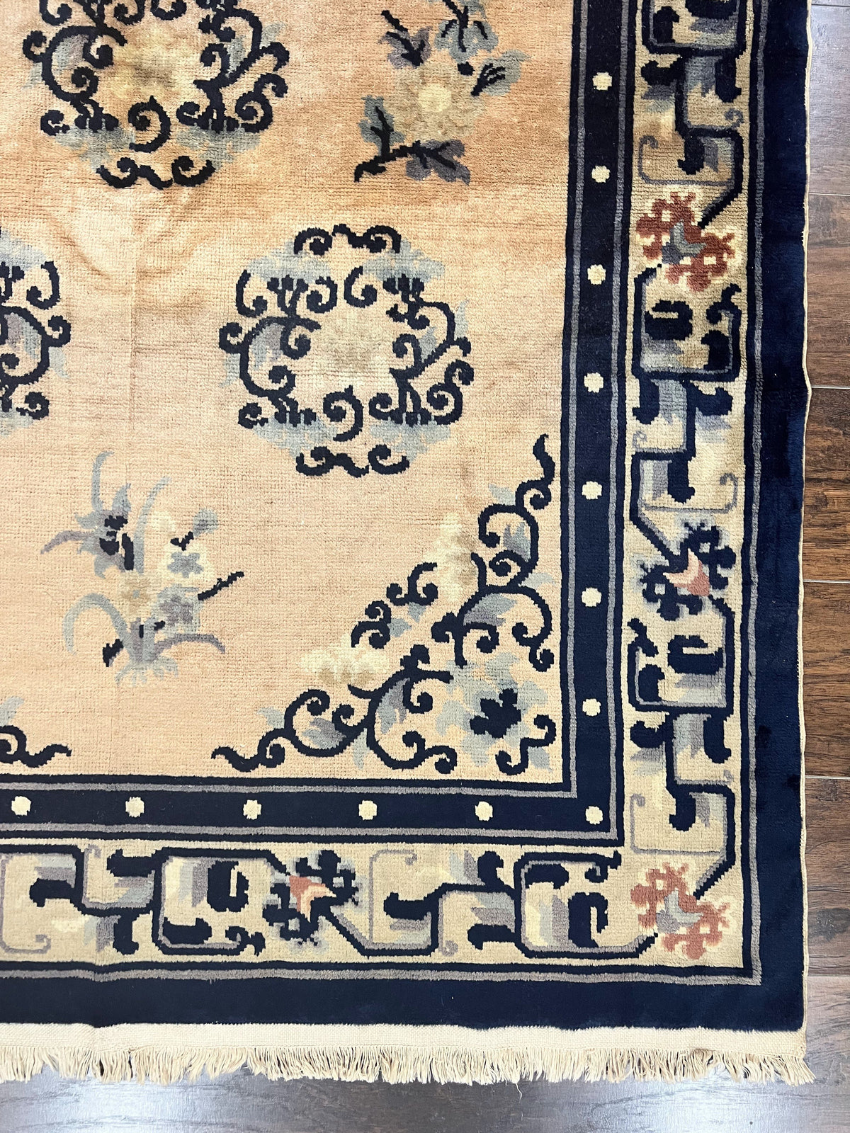 Chinese Peking Rug 4x6, Wool Hand Knotted Handmade Vintage Semi Antique Carpet, Semi Open Field, Light Peach & Navy Blue, Art Deco Rug - Jewel Rugs, view 10
