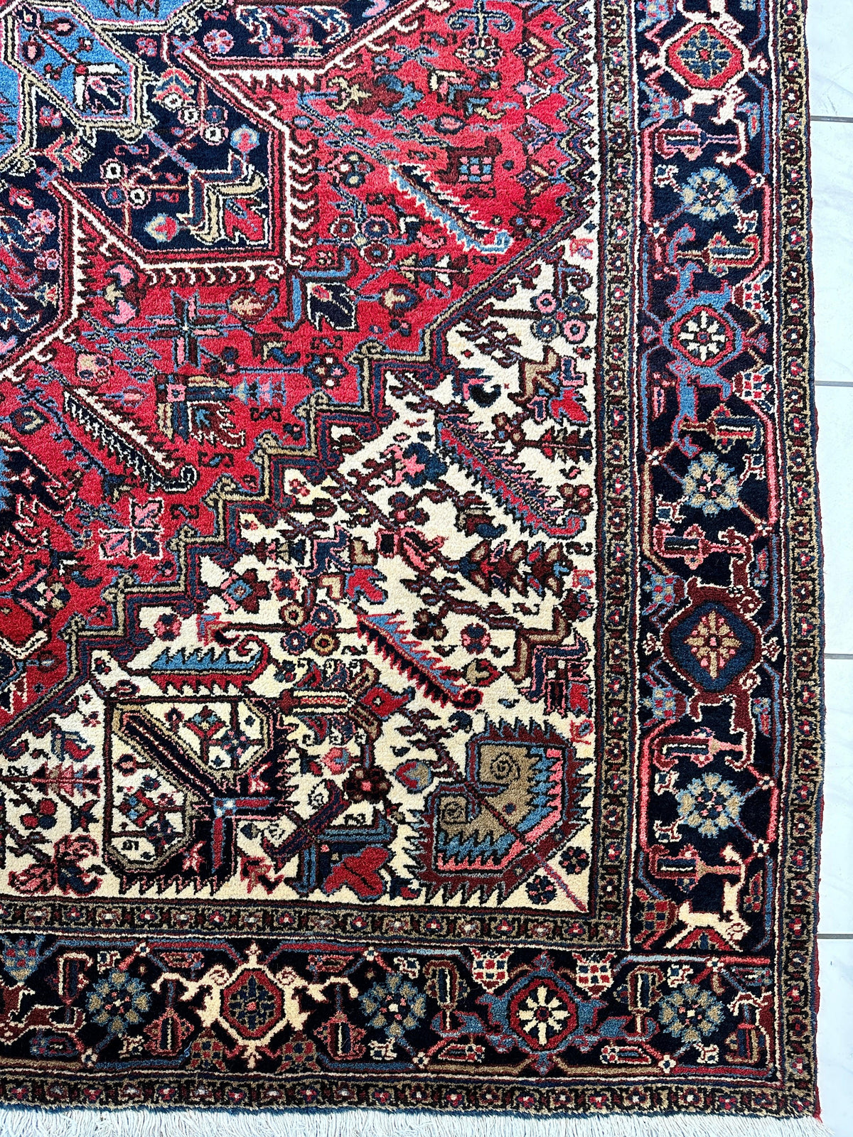 Vintage Persian Heriz Rug 9x12 | Red, Ivory & Navy | Hand-Knotted Wool - Rugistan, view 13