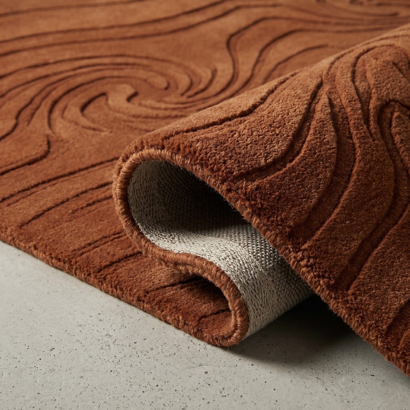 Organic Woodgrain Wave Hand Tufted Wool Rug | Terracotta Brown Sculpted Abstract Area Rug — 2x3 ft'