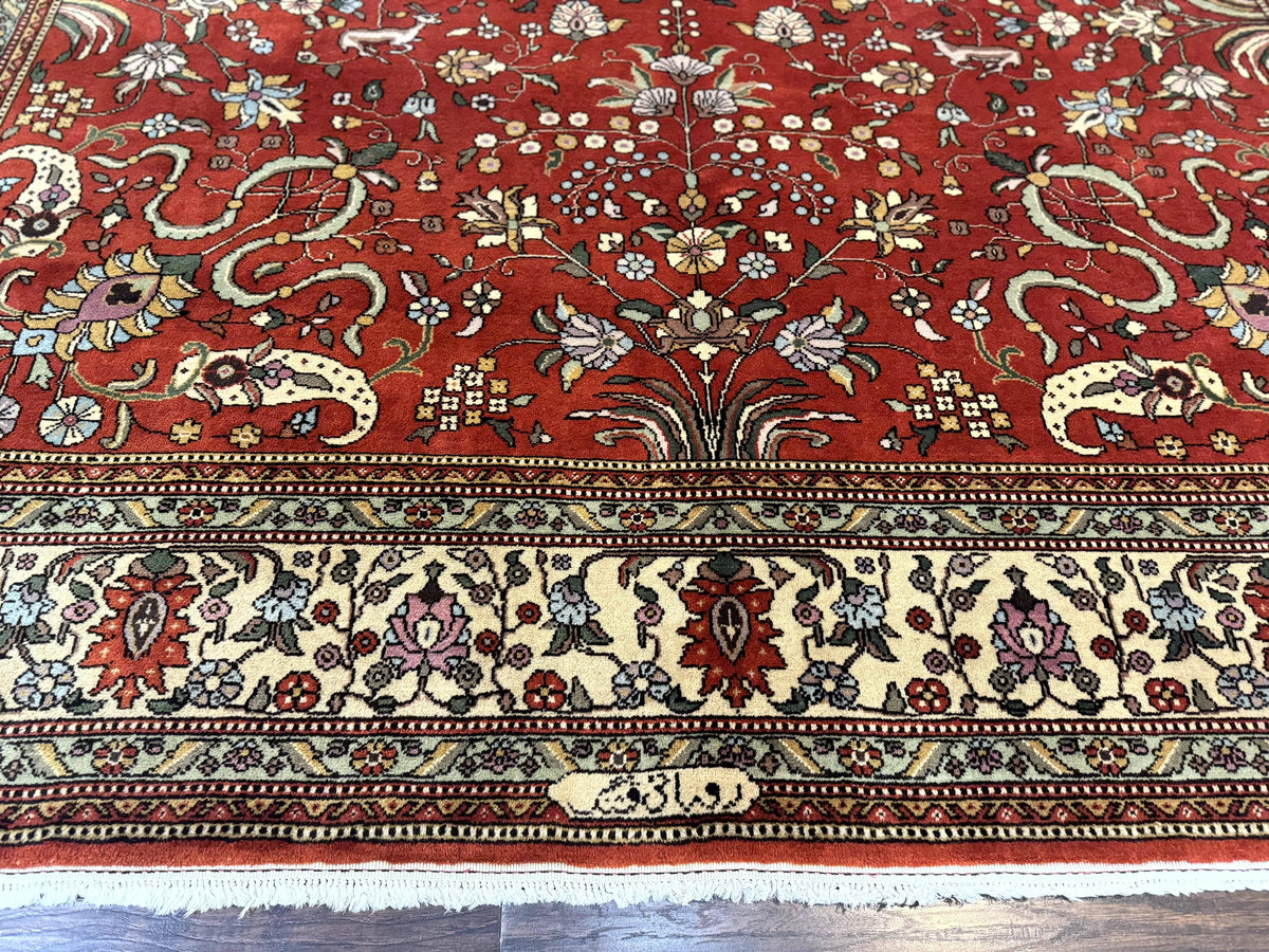 Romanian Rug 10x13, Vintage Handmade Wool Carpet, Floral Pattern, Birds, Red and Cream, Signed By Masterweaver, Persian Rug - Jewel Rugs, view 5