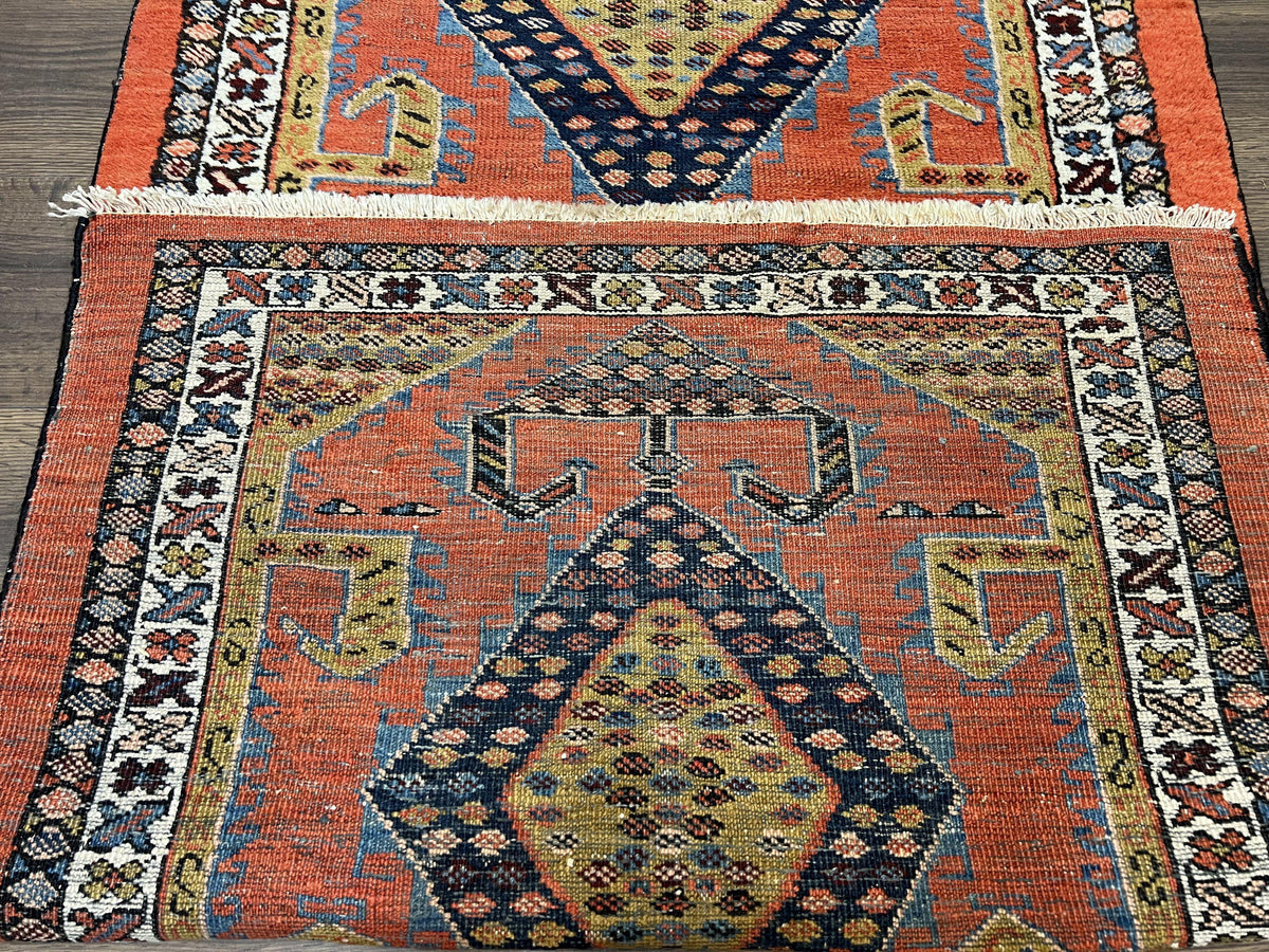 Rare Persian Tribal Runner Rug 3 x 11, Sarab Serab Persian Runner, Antique 1920s Collectible Geometric Medallions Oriental Wool Runner, Hand Knotted, Bright Orange-Red - Jewel Rugs, view 10