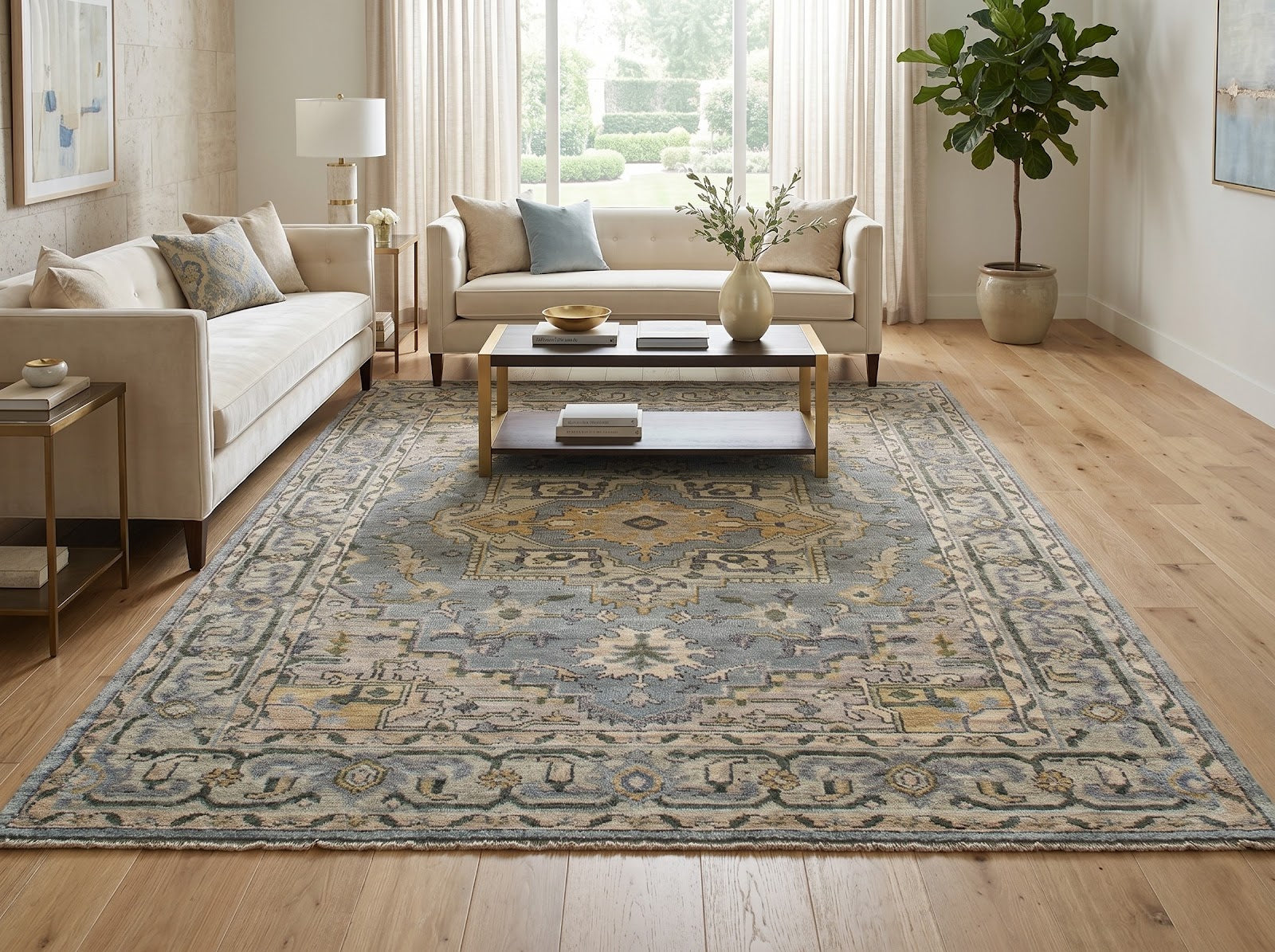 Vintage Oushak Hand Knotted New Zealand Wool Rug | Blue & Ivory Traditional Medallion Area Rug — 2x3 ft'
