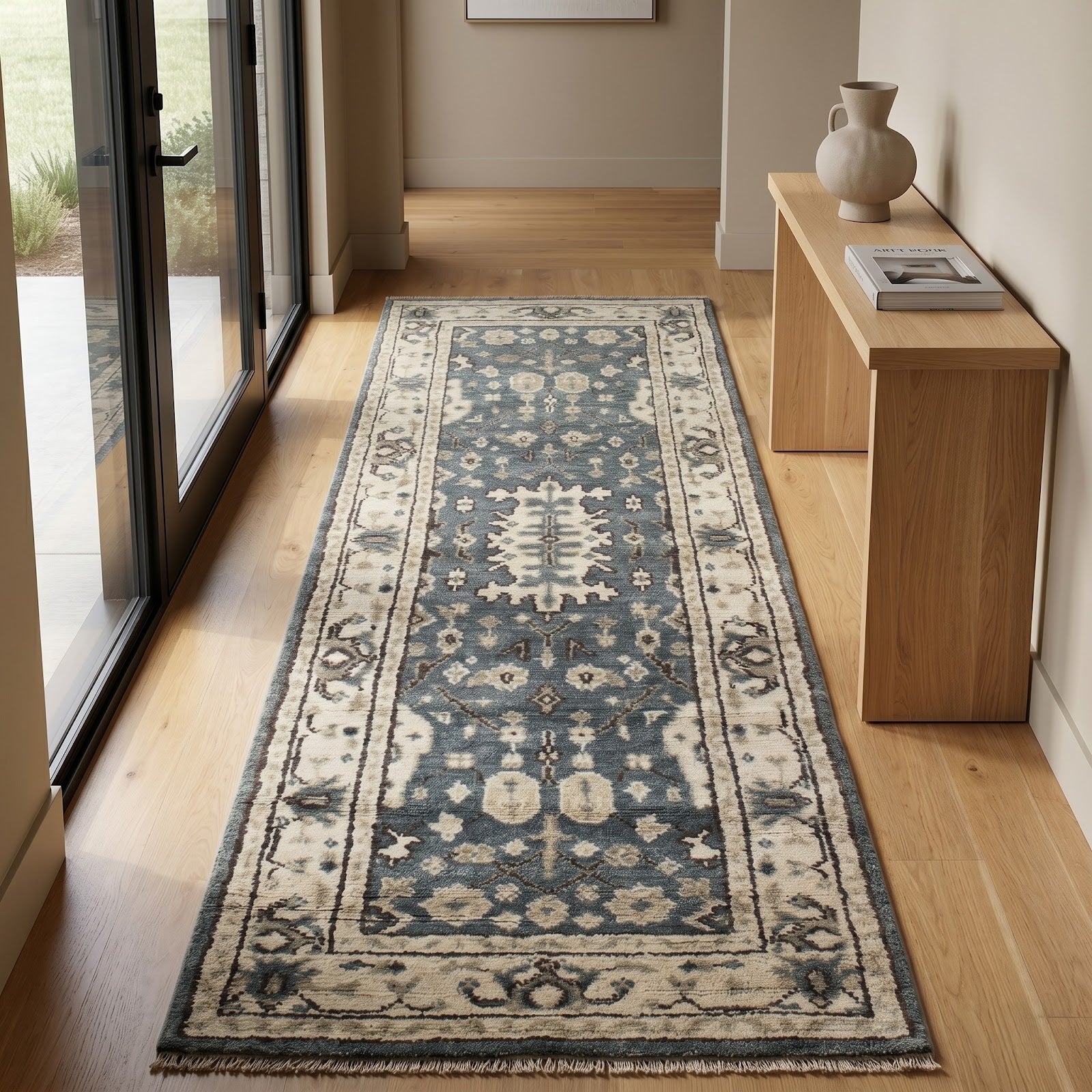 Vintage Oushak Hand Knotted New Zealand Wool Runner Rug | Blue & Ivory Traditional Floral Runner — 2x3 ft'