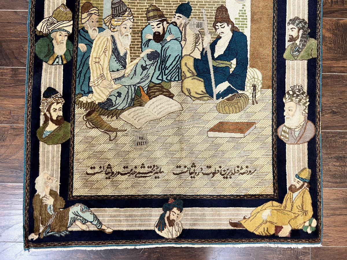 Persian Tabriz Pictorial Rug 3x5, Wall Hanging Carpet, Very Fine 60 Raj 475 KPSI, Hand Knotted Vintage Semi Antique, Wool, Persian Poetry - Jewel Rugs, view 6