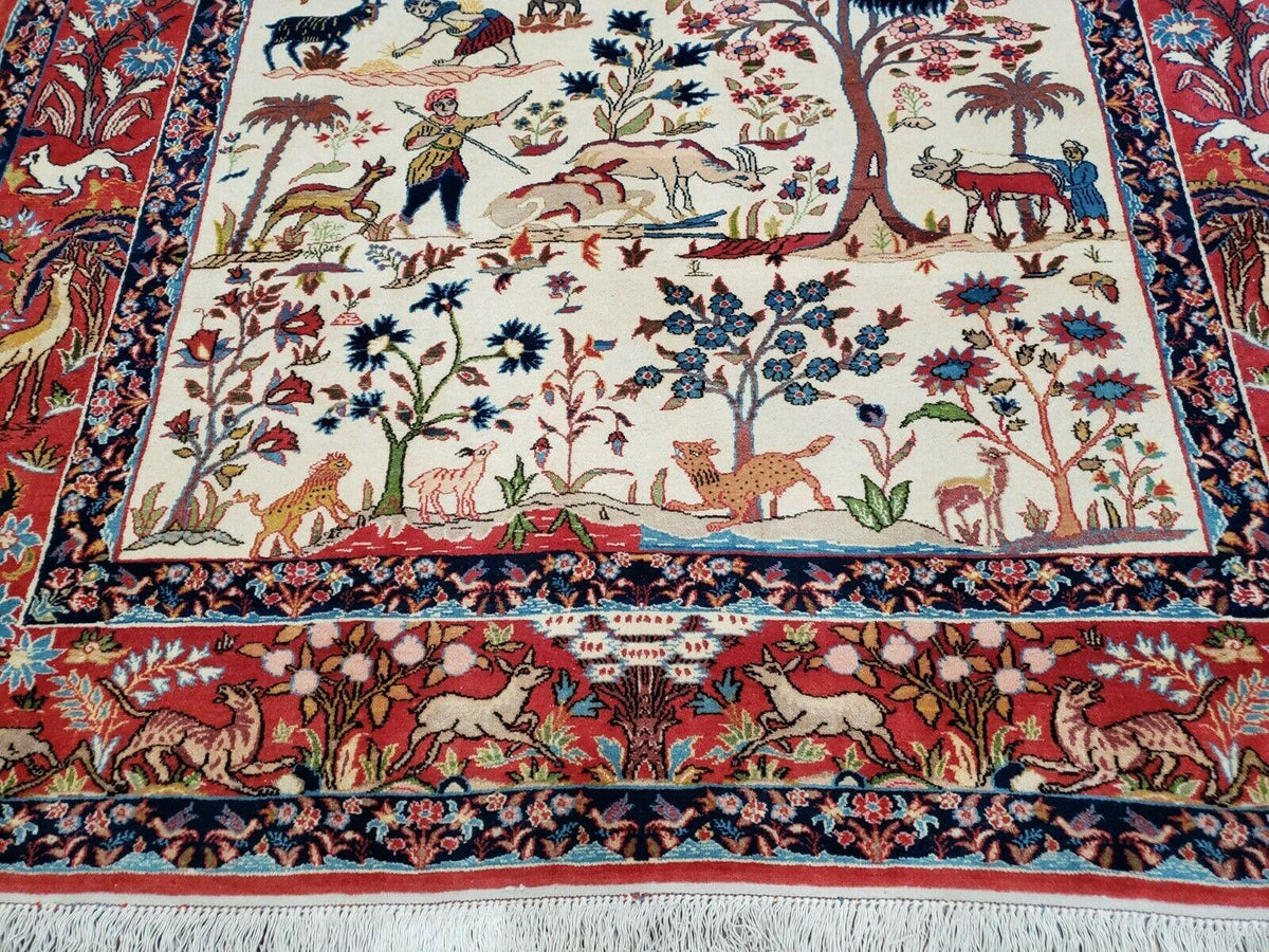 Antique Persian Isfahan Rug 5x7, Animal and Human Pictorials, Hand Knotted Fine Oriental Wool Carpet, Cream and Red, High KPSI, Vintage Rug 5 x 7 ft - Jewel Rugs, view 5
