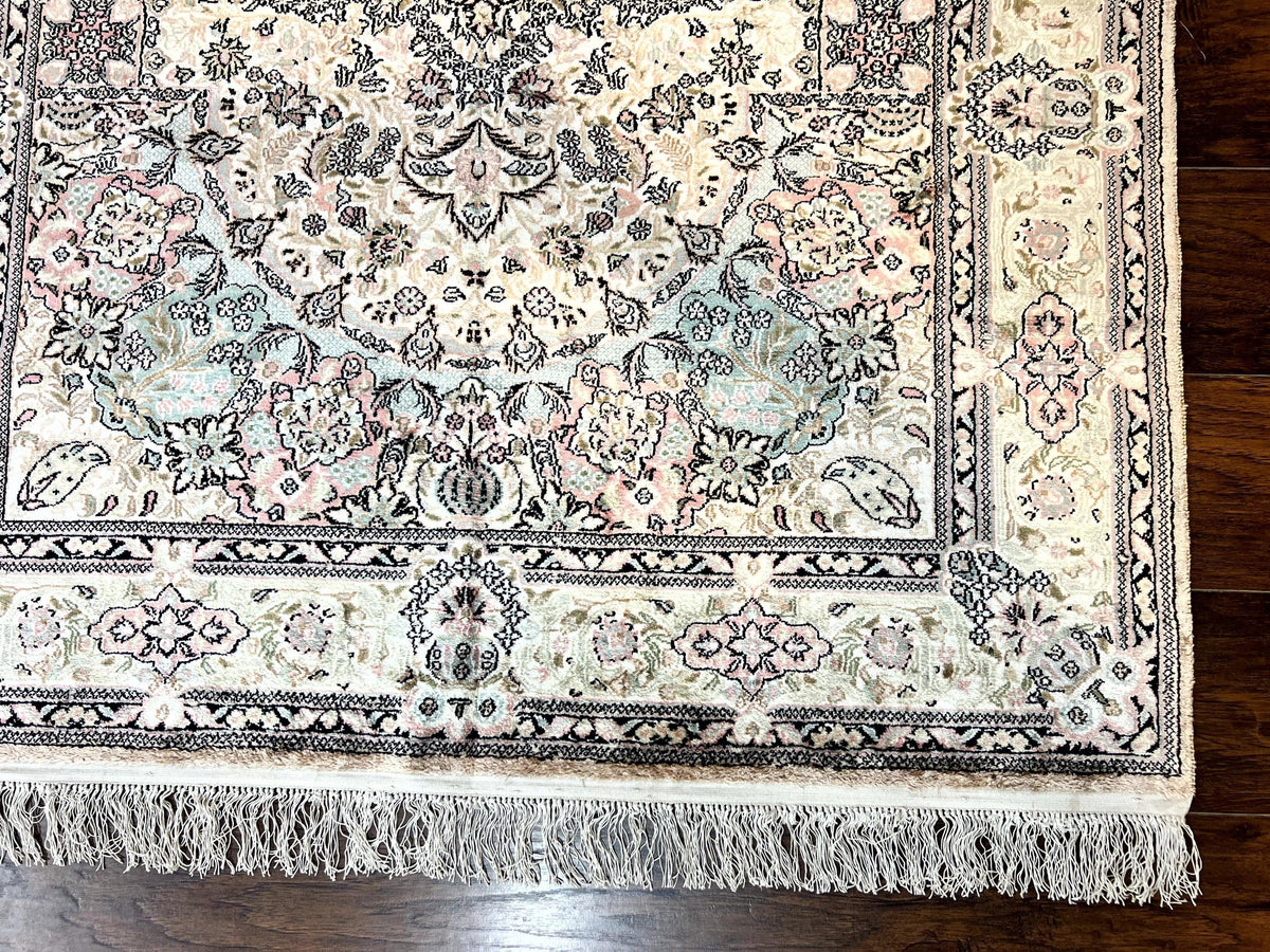 Silk Indian Kashmiri Rug 4x6, Handmade, Ivory, Fine 240 KPSI - Jewel Rugs, view 9